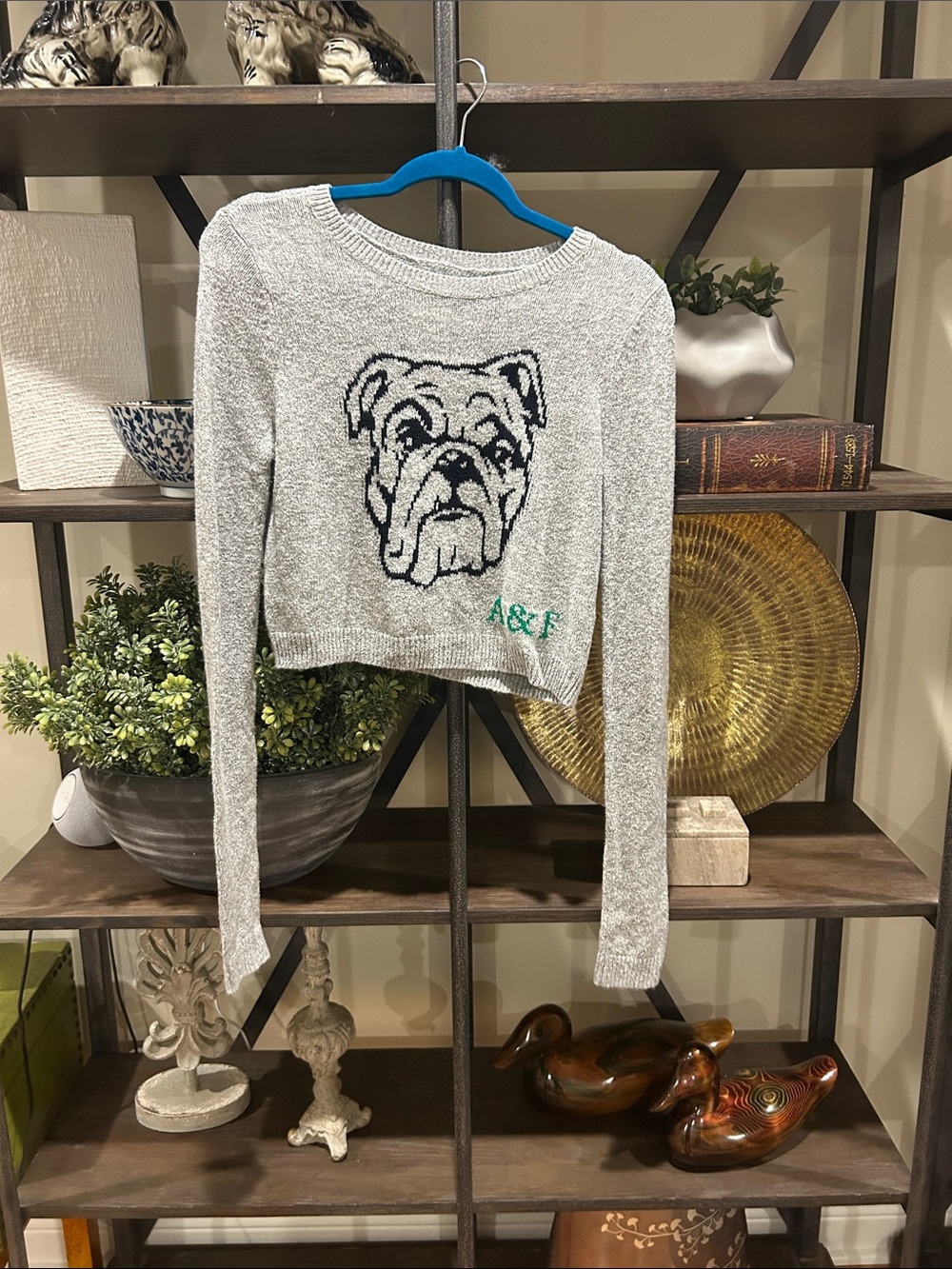 Abercrombie & Fitch Gray Bulldog Knit Sweater with Navy Graphic